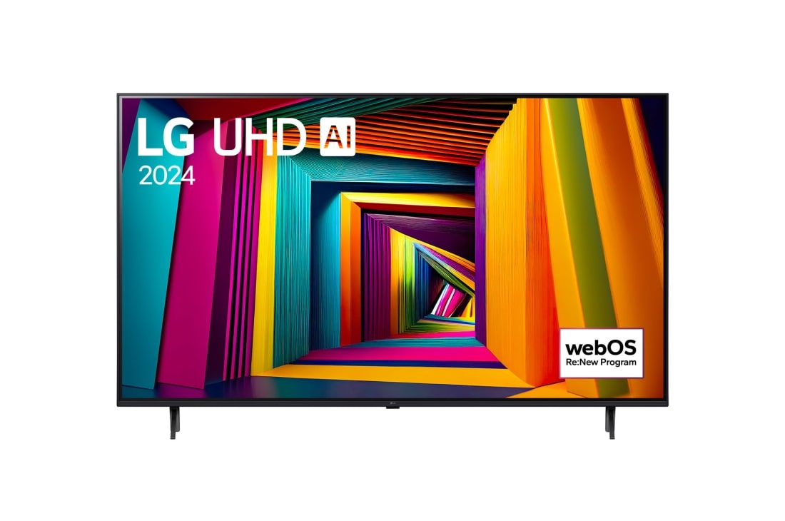 LG UHD AI UT91 4K Smart TV 2024 od 75 in?a, Prikaz spreda ure?aja LG UHD TV, UT90 sa tekstom LG UHD AI ThinQ, 2024 i logoom webOS Re:New Program na ekranu, 75UT91003LA