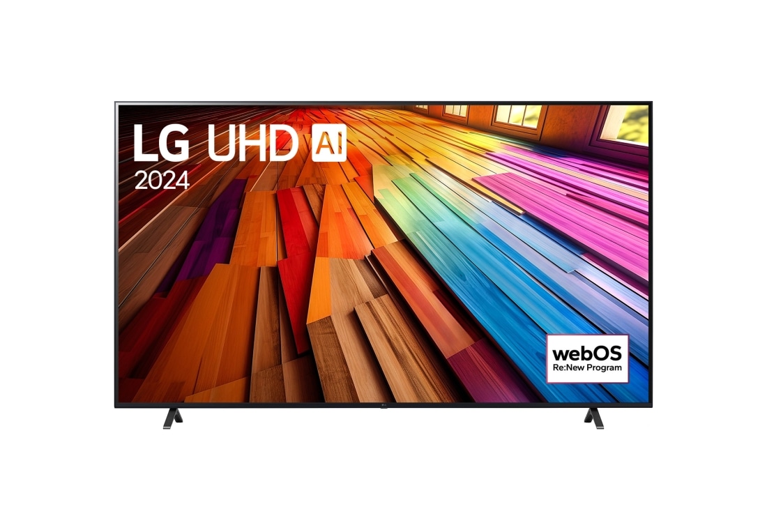 LG 86-in?ni LG UHD AI UT81 4K pametni TV 2024, Pogled spreda na LG UHD TV, UT80 sa tekstom LG UHD AI ThinQ i 2024 na ekranu, 86UT81003LA