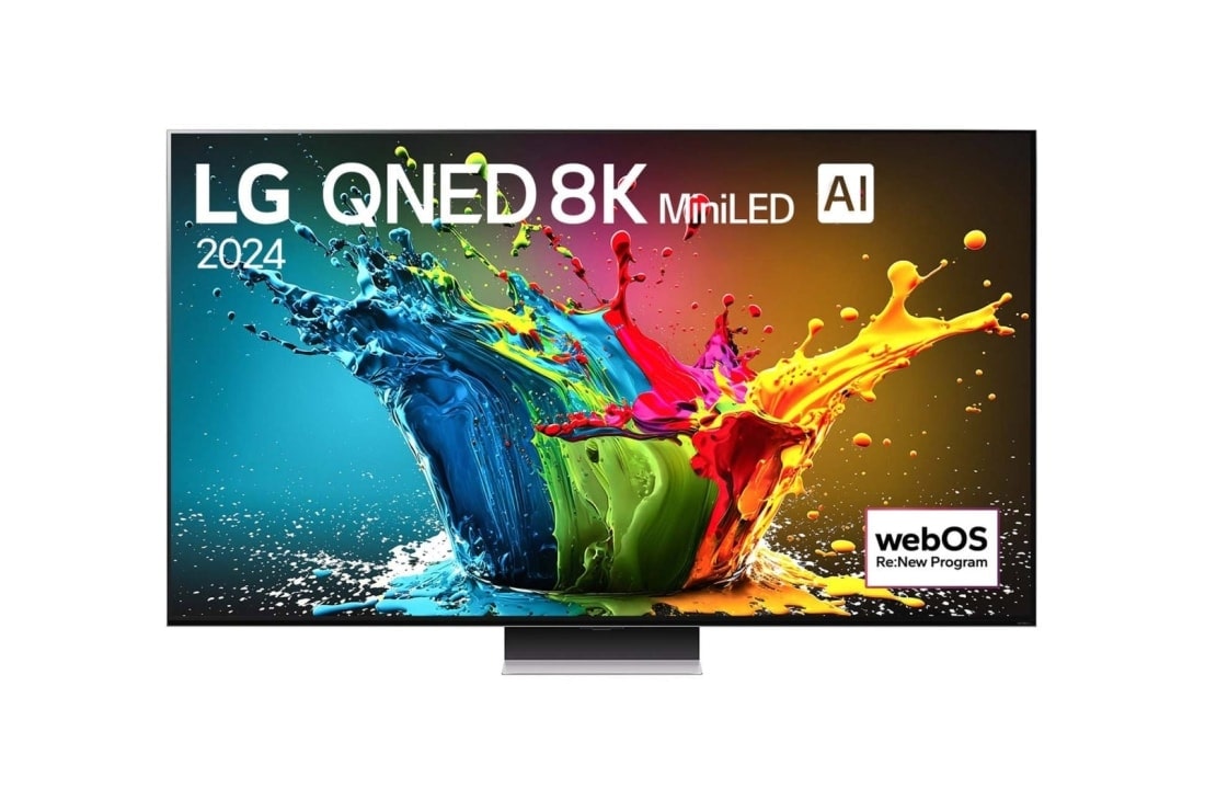 LG QNED MiniLED QNED99 8K Smart TV od 75 in?a 2024 , Prikaz spreda ure?aja LG QNED TV, QNED99 sa tekstom LG QNED 8K MiniLED, 2024 i logoom webOS Re:New Program na ekranu, 75QNED99T9B