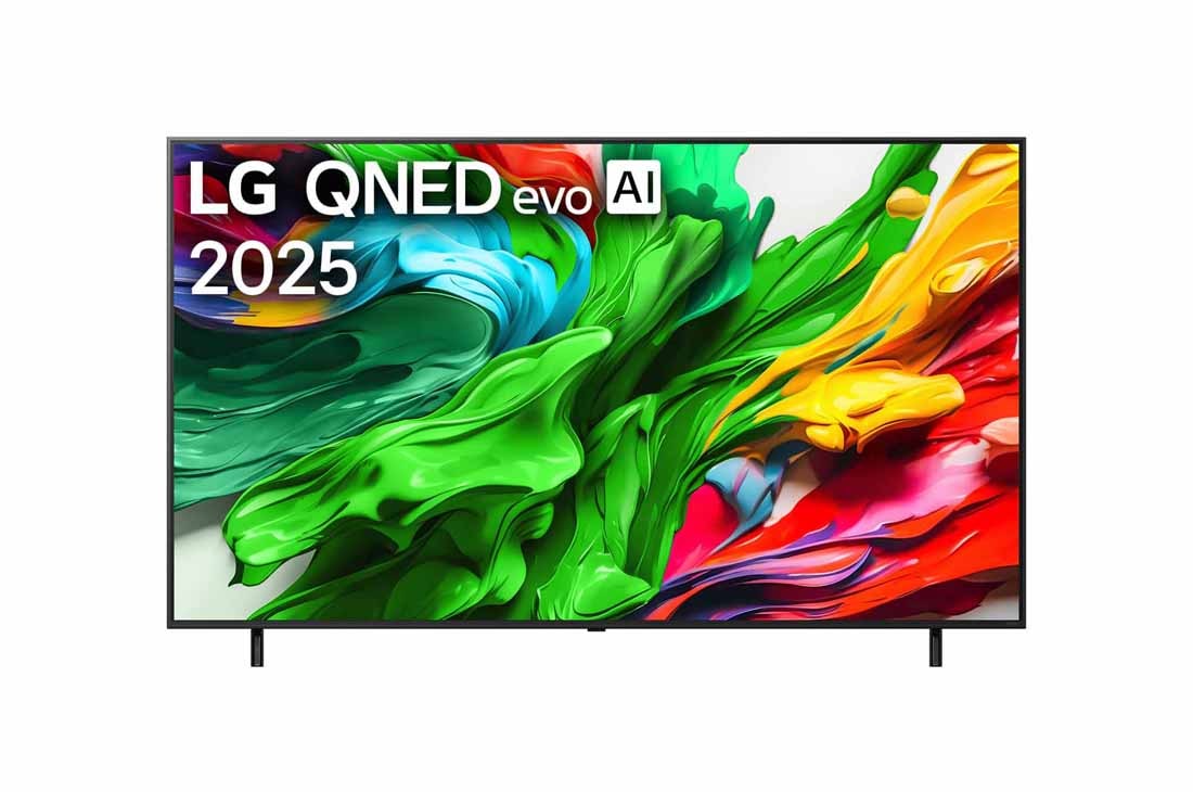 LG 86-in?ni LG QNED evo AI QNED85 4K Smart televizor 2025, Prikaz sa prednje strane LG QNED evo TV-a, sa logotipom LG QNED evo Al u gornjem sredi?njem delu. LG QNED evo TV prikazuje ?arene teksture poput boja koje se spajaju., 86QNED85A3C
