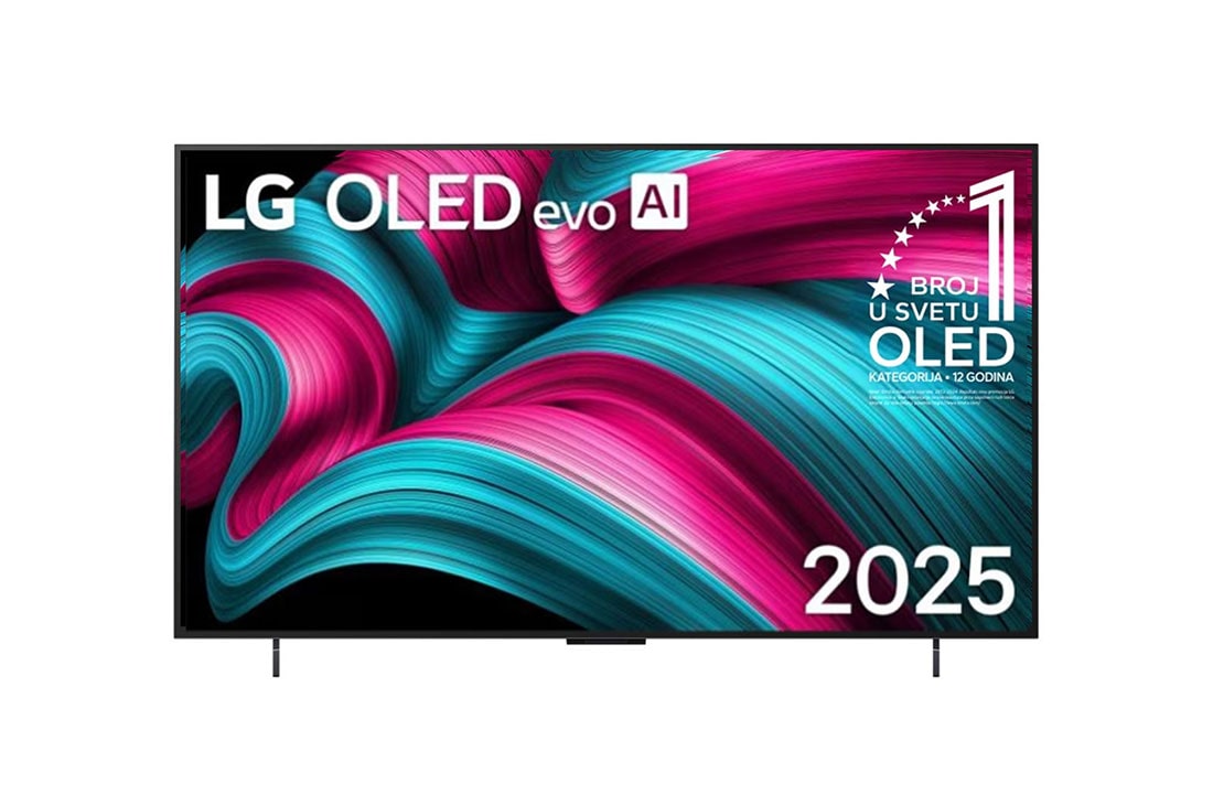 LG 42-in?ni LG OLED evo AI C5 4K pametni televizor 2025, Prikaz sa prednje strane LG OLED evo AI C5 4K pametnog televizora. 12 godina na 1. mestu u svetu, OLED amblem i logotip LG OLED evo AI 2025 su na ekranu., OLED42C51LA