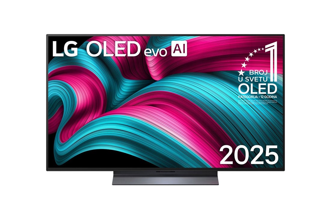 LG 48-in?ni LG OLED evo AI C5 4K pametni televizor 2025, Prikaz sa prednje strane LG OLED evo AI C5 4K pametnog televizora. 12 godina na 1. mestu u svetu, OLED amblem i logotip LG OLED evo AI 2025 su na ekranu., OLED48C51LA