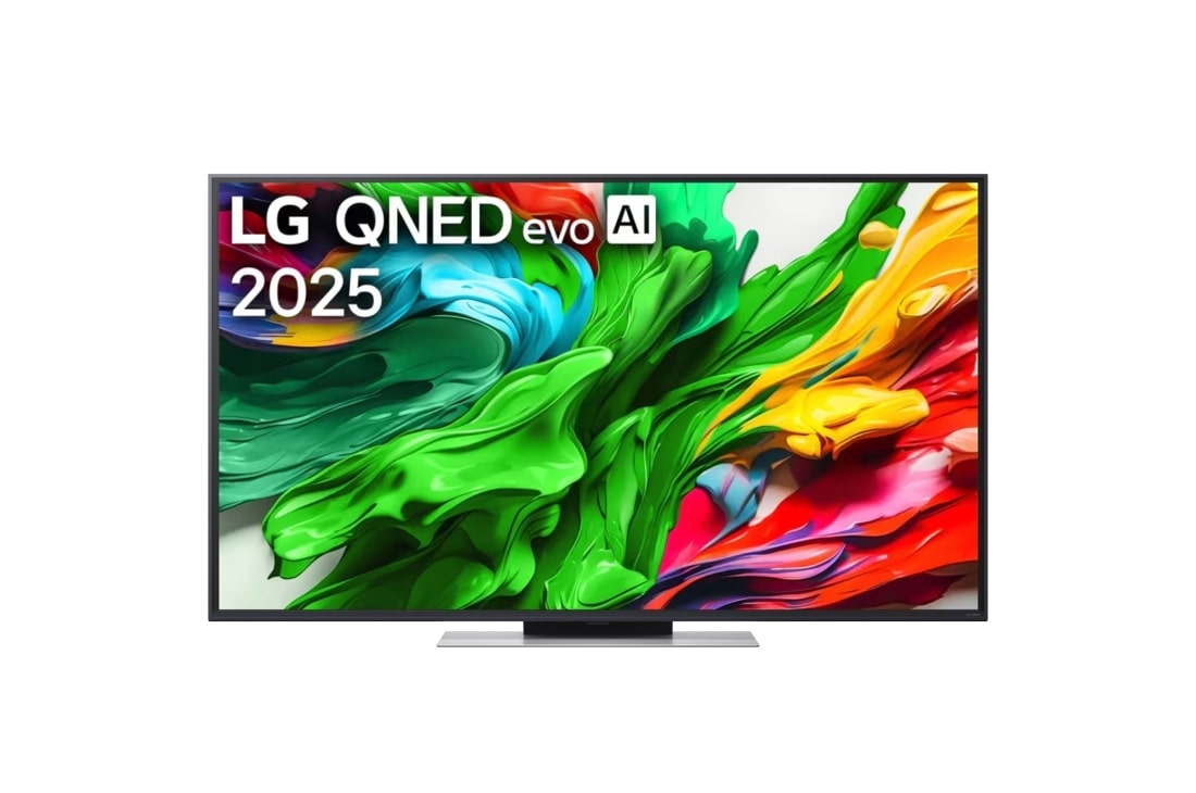 LG 55-in?ni LG QNED evo AI QNED87 4K Smart televizor 2025, Prikaz sa prednje strane LG QNED evo TV-a, sa logotipom LG QNED evo Al u gornjem sredi?njem delu. LG QNED evo TV prikazuje ?arene teksture poput boja koje se spajaju., 55QNED87A3B