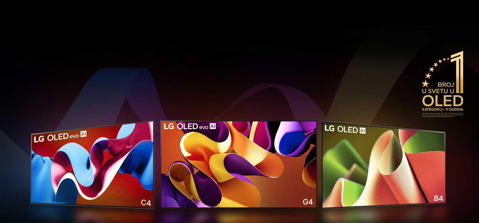 PC: LG OLED evo G4, LG OLED evo C4 i LG OLED B4 jedan pored drugog, na svakom je apstraktno umetni?ko delo razli?itih boja. Svetlo se emituje iz svakog TV na pod ispod. Zlatni amblem OLED TV-a koji je ve? 11 godina broj 1 u svetu, u gornjem desnom uglu.  MO: LG OLED evo G4, LG OLED evo C4 i LG OLED B4 u redu, na svakom je apstraktno umetni?ko delo razli?itih boja. Svetlo se emituje iz svakog TV na pod ispod. Zlatni amblem OLED TV-a koji je ve? 11 godina broj 1 u svetu, u gornjem desnom uglu.