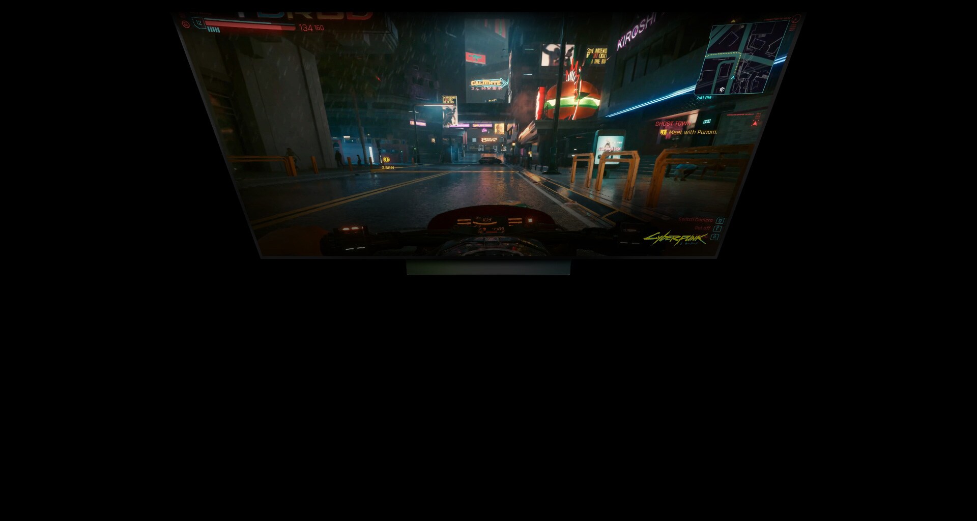 LG OLED televizor prikazuje scenu iz sajberpank igre, a ispod se pojavljuje neonski simbol Wi-Fi