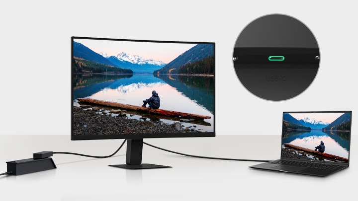 Изображение ноутбука и монитора, подключенных с помощью одного кабеля USB-C.