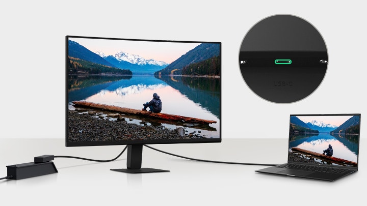 Изображение ноутбука и монитора, подключенных с помощью одного кабеля USB-C.