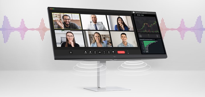 Сверхширокоугольный монитор LG, отображающий видеоконференцию с участием шести участников и финансовую панель управления, со звуковыми волнами и значками динамиков, указывающими на встроенные звуковые возможности.