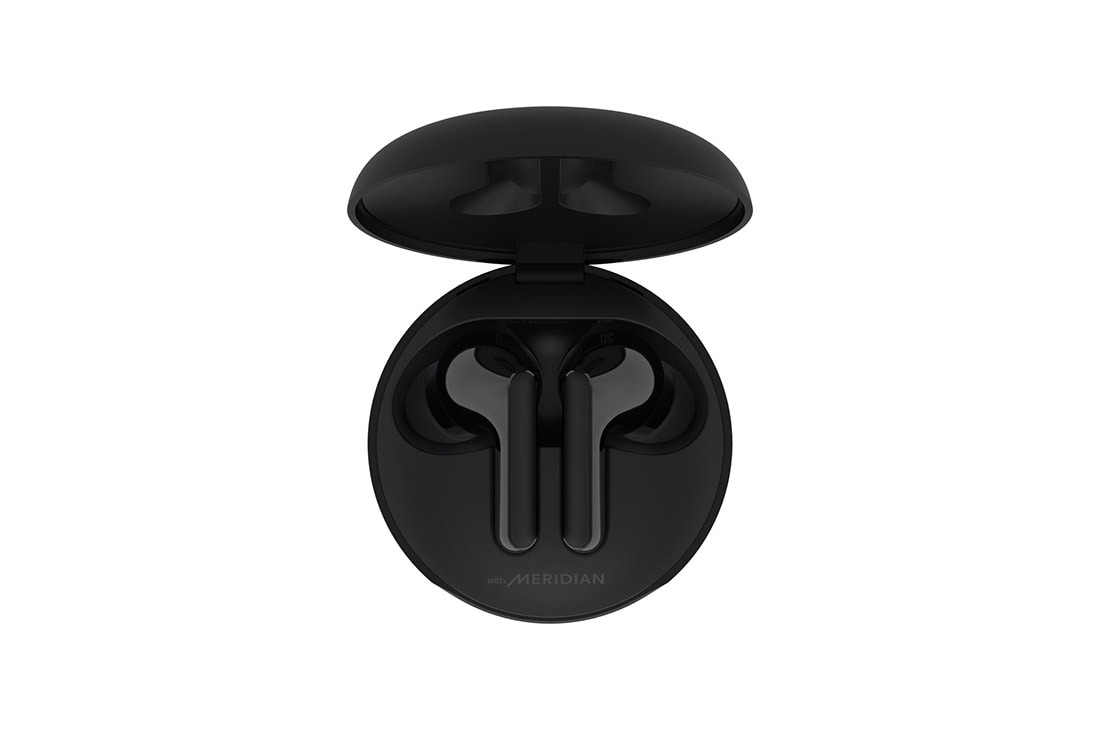LG Беспроводные наушники LG HBS-FN4 | чёрные, A top view of a cradle opened up and two earbuds inside it, HBS-FN4