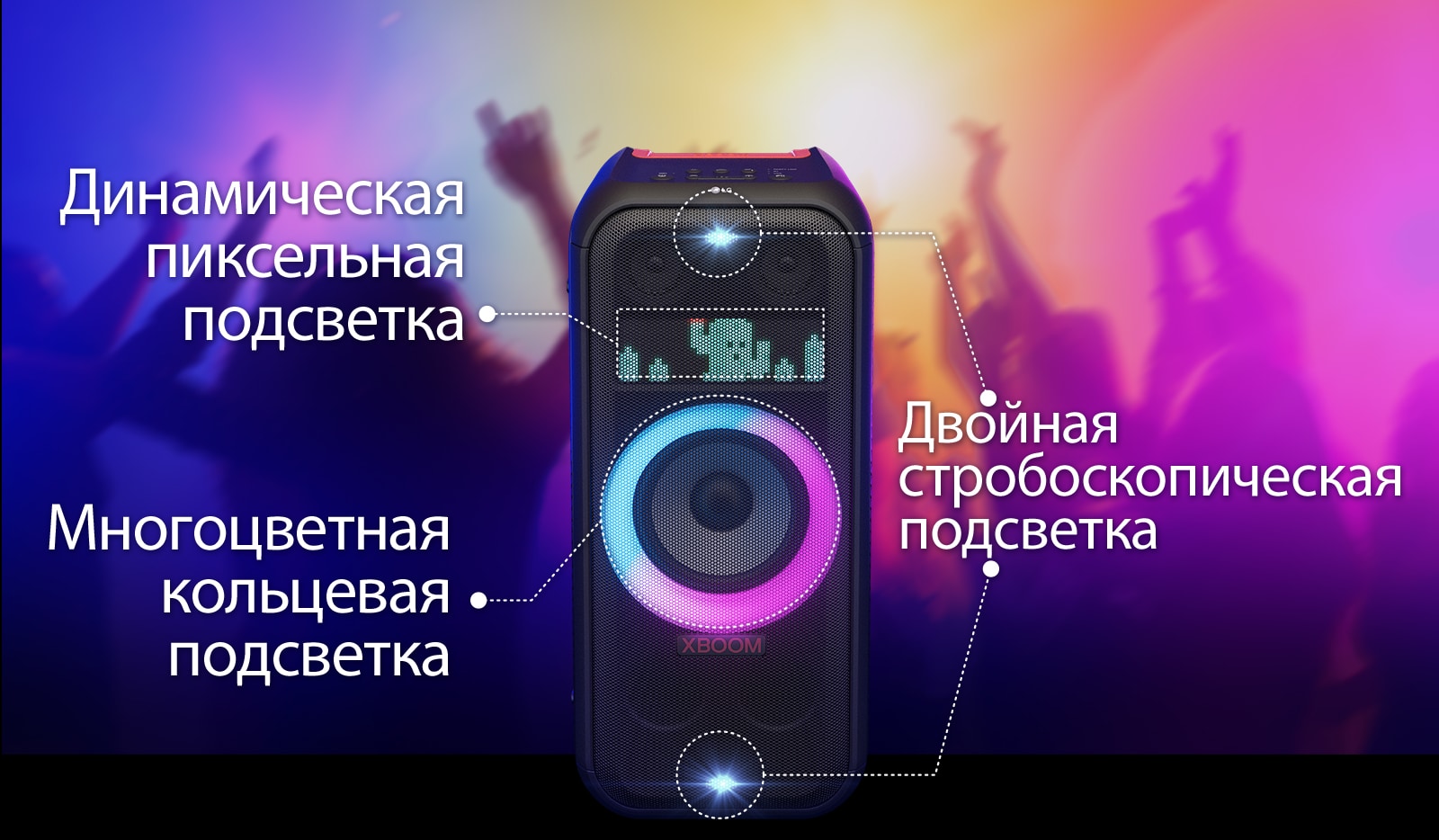 Вид динамика спереди. Показана линия, разделяющая части освещения. Сверху и снизу расположена двойная стробоскопическая подсветка. Посередине светится многоцветная кольцевая подсветка с розовым и голубым градиентом. Сверху показана динамическая пиксельная подсветка, изображающая кактус.