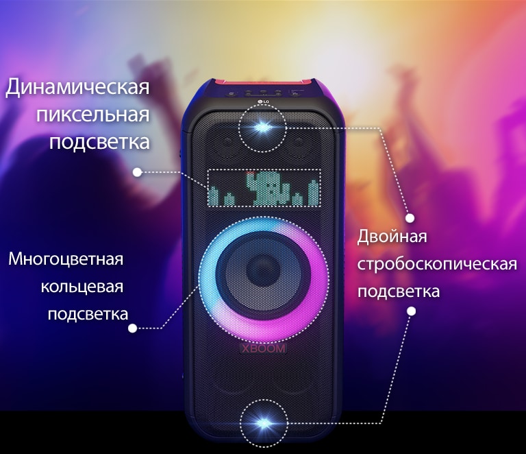 Вид динамика спереди. Показана линия, разделяющая части освещения. Сверху и снизу расположена двойная стробоскопическая подсветка. Посередине светится многоцветная кольцевая подсветка с розовым и голубым градиентом. Сверху показана динамическая пиксельная подсветка, изображающая кактус.