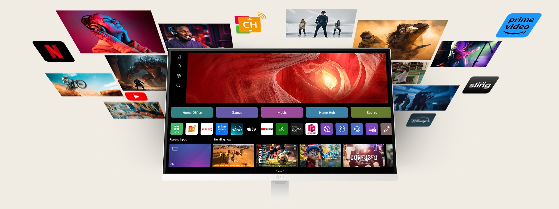Фото, демонстрирующее разнообразный контент в webOS.