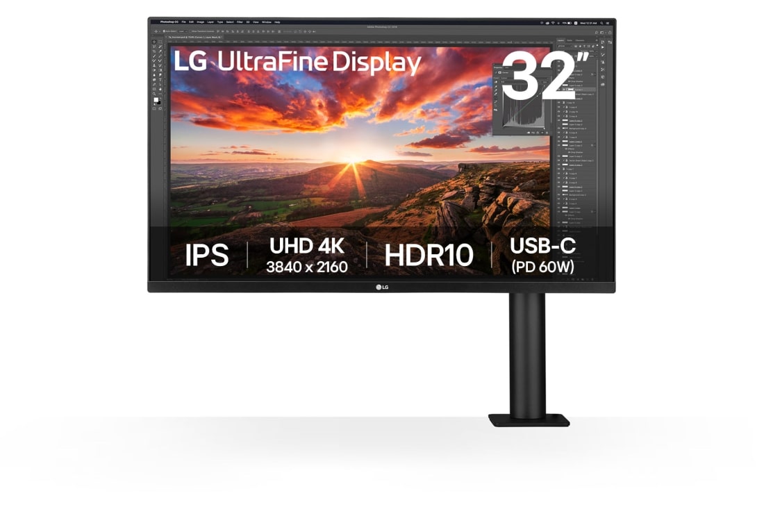 LG 31.5'' UHD 4K Монитор IPS Ergo c USB-C, вид спереди с кронштейном монитора справа, 32UN880K-B