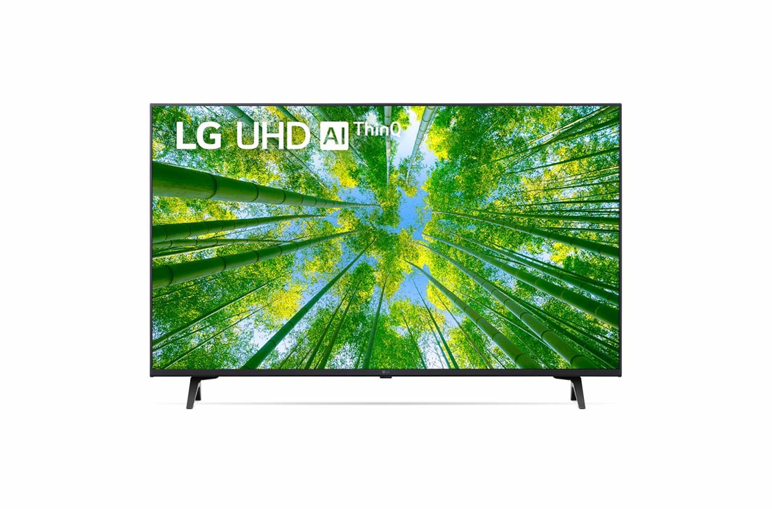 LG 4K UHD телевизор 43'' LG 43UQ80001LA, Вид телевизора LG UHD спереди с изображением на экране и логотипом продукта, 43UQ80001LA