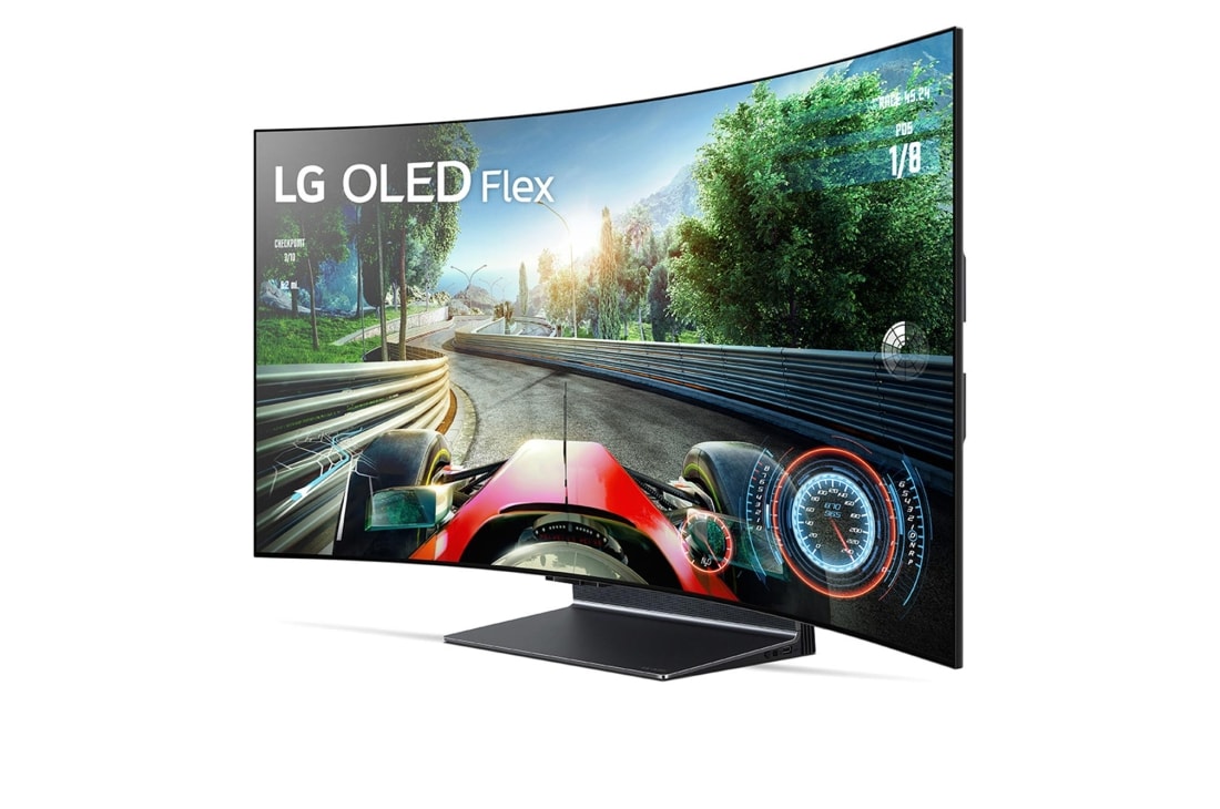 LG Телевизор 42'' LG OLED Flex 42LX3Q6LA | Гибкий дисплей, Направленный влево Flex, показанный спереди под углом 45 градусов с полностью изогнутым экраном., 42LX3Q6LA