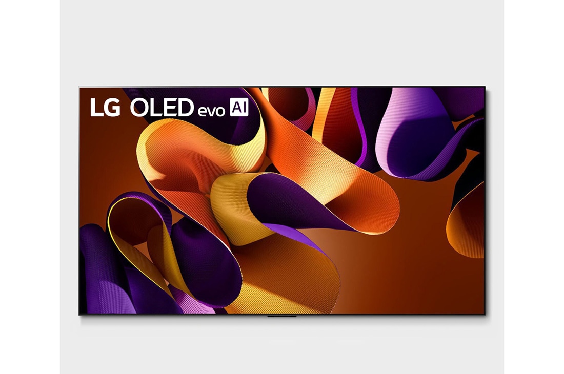 LG Телевизор Smart TV 77'' LG OLED evo AI G4 4K OLED77G4, Вид спереди на телевизор LG OLED evo, OLED G4, эмблему ?OLED №1 в мире в течение 11 лет? и logo 5-летней гарантии на панель на экране, а также на расположенную ниже звуковую панель, OLED77G4RLA