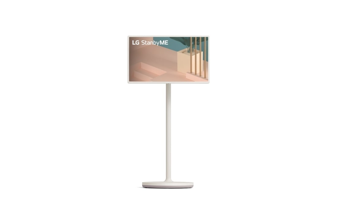 LG Мобильный телевизор 27'' LG StanbyME 27ART10AKPL, Вид горизонтального режима спереди с фоновым изображением, 27ART10AKPL