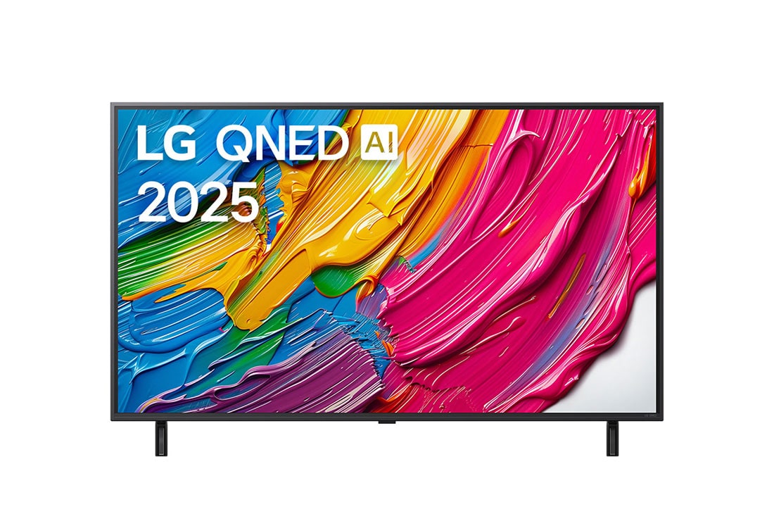 LG 43-дюймовый телевизор Smart TV LG QNED AI QNED80 4K 2025, 		Передний вид LG QNED80 TV, логотип LG QNED AI в верхнем углу. LG QNED TV отображает красочные текстуры, напоминающие мазки краски, сливающиеся воедино. 		, 43QNED80A6A