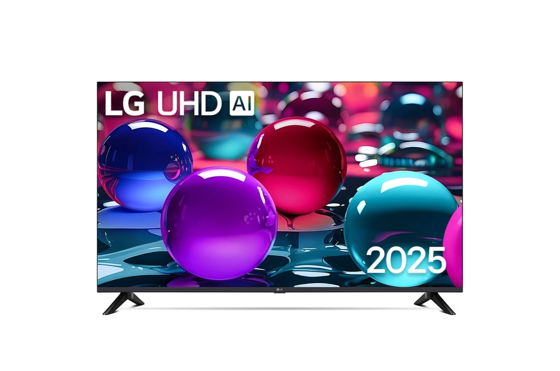 LG 65 -дюймовый телевизор Smart TV LG UHD AI UА73 4K 2025, Фронтальный вид телевизора LG UHD UA73 с лого LG UHD Al в верхнем углу. На скринфиле изображены стеклянные сферы., 65UA73006LA