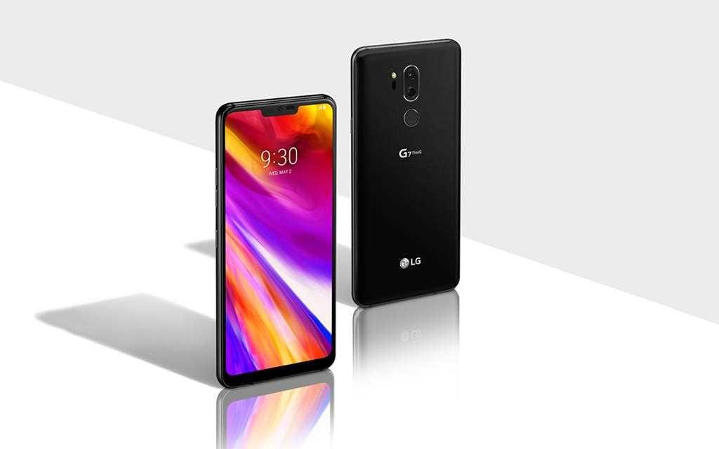  LG G7 smartphone from two different angles; firstly from the back with the camera lens in view and secondly from the side, with the screen and new notch look in view