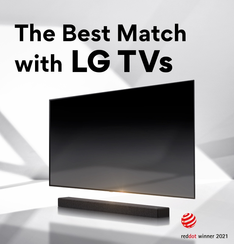 A soundbar and a TV are placed on a white floor and there is a shadow coming from outside right behind. Reddot award logo is placed right next to soundbar.