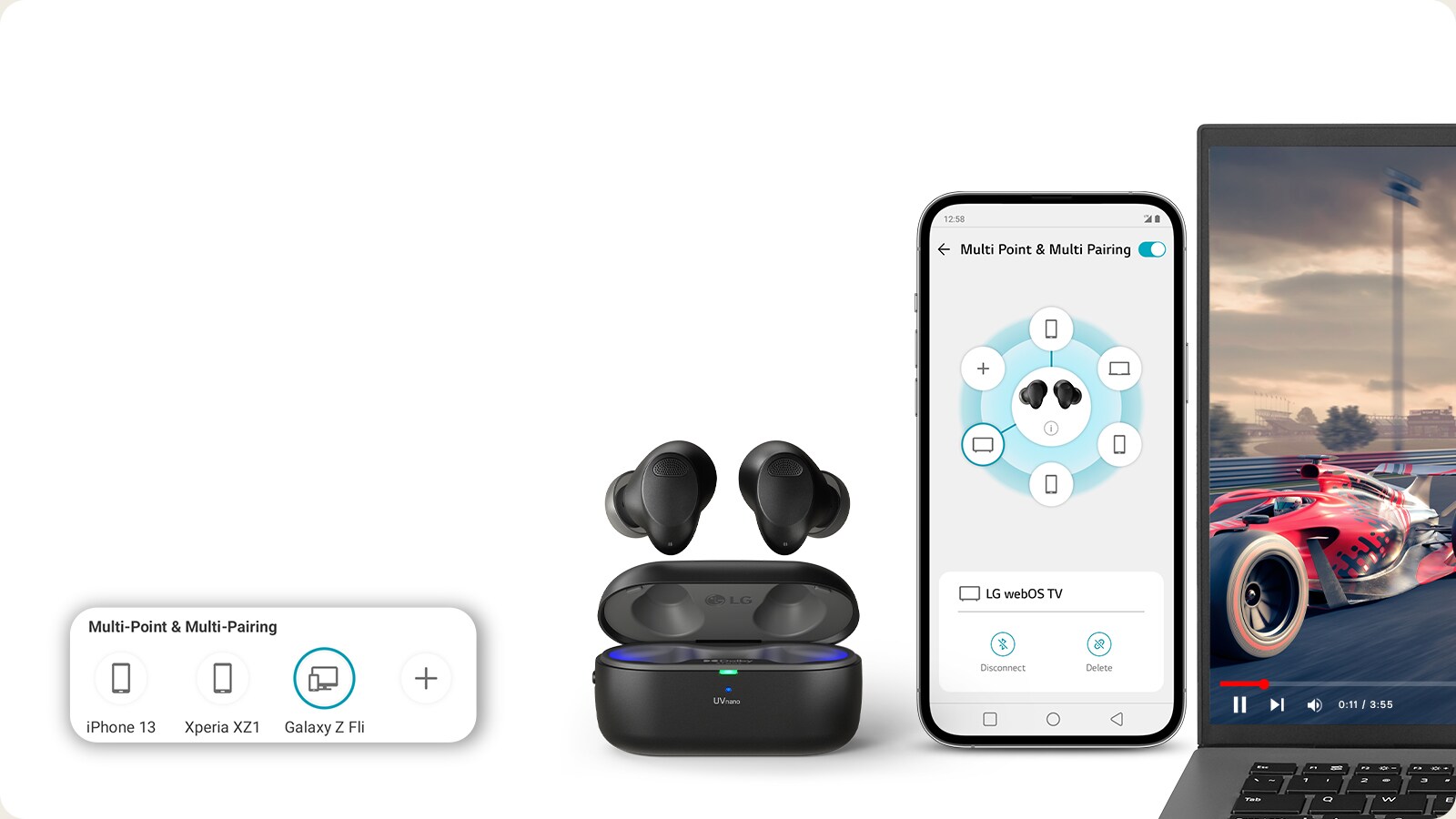 Obrázok funkcie Multi Point a Multi Pairing. Rozhranie miniaplikácie TONE Free je zobrazené v?avo dole. V strede sú zobrazené ?ierne slúchadlá T90S. Vpravo je zobrazené rozhranie smartfónu a notebook.
