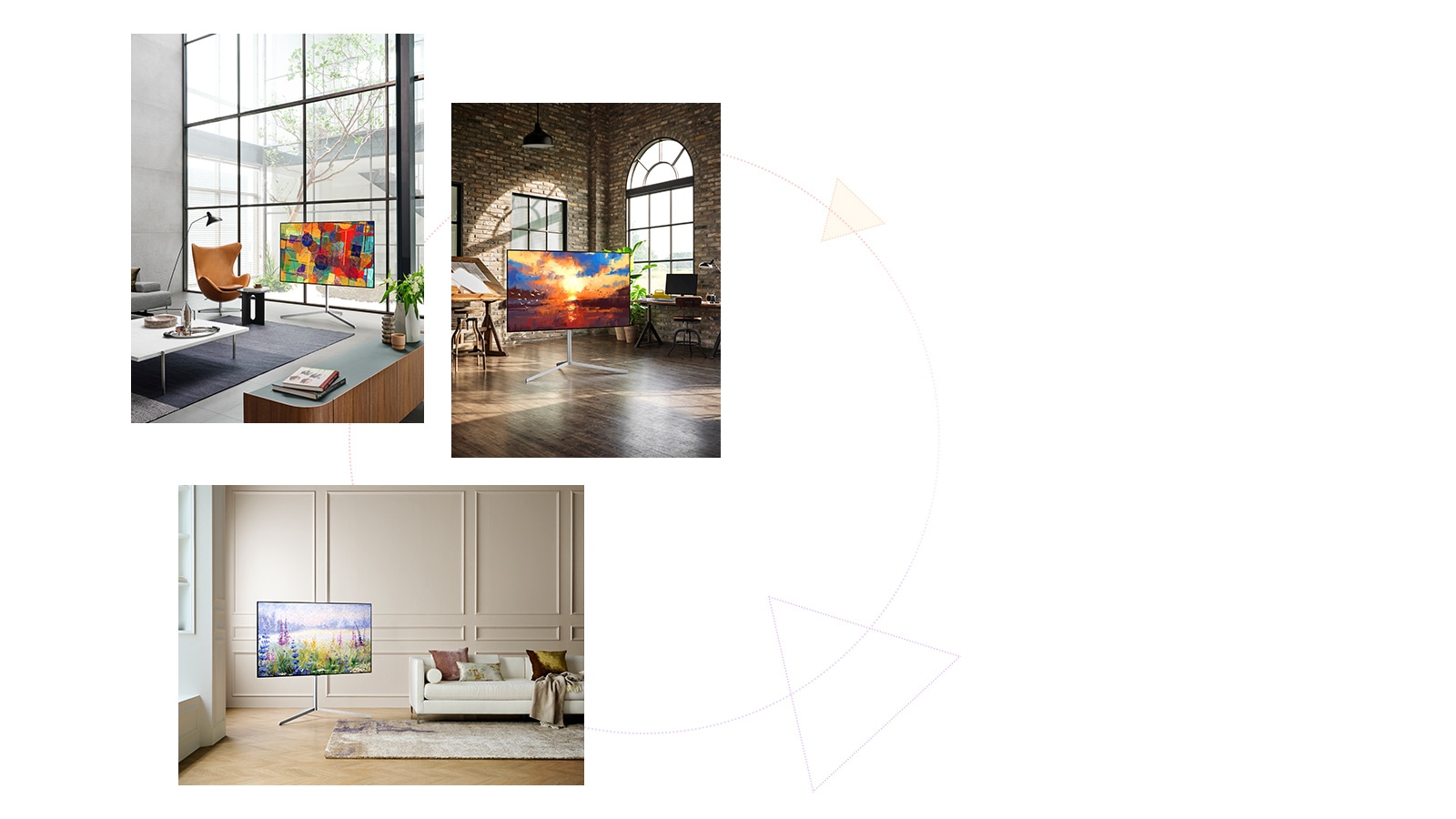 Tri televízory Gallery Design TV so stojanom, ktoré kdeko?vek p?sobia ako umelecké diela