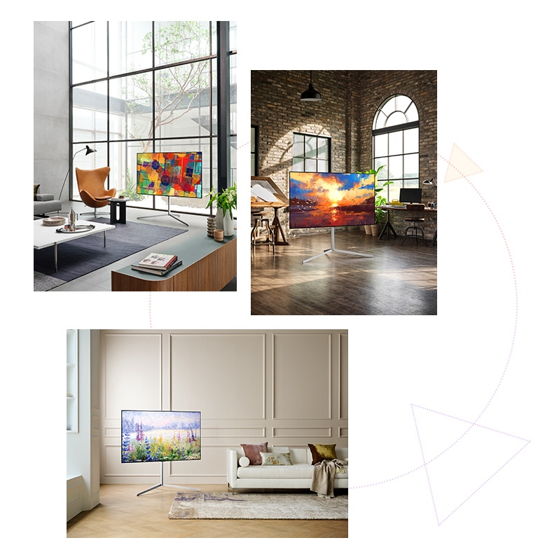 Tri televízory Gallery Design TV so stojanom, ktoré kdeko?vek p?sobia ako umelecké diela