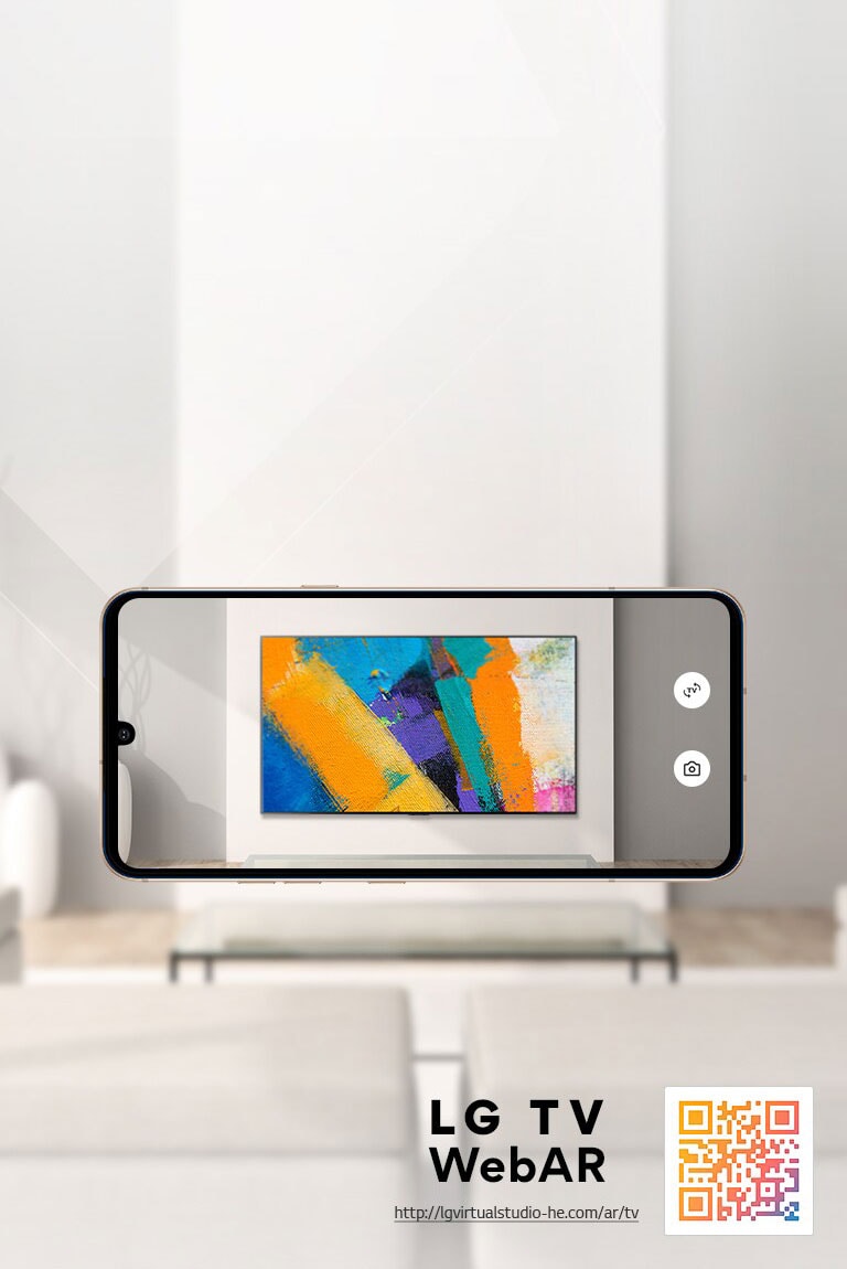 Webová AR simulácia televízora LG OLED TV. Obrázky z mobilného telefónu sa prekryvajú s minimalistickym priestorom. V pravej dolnej ?asti je QR kód.