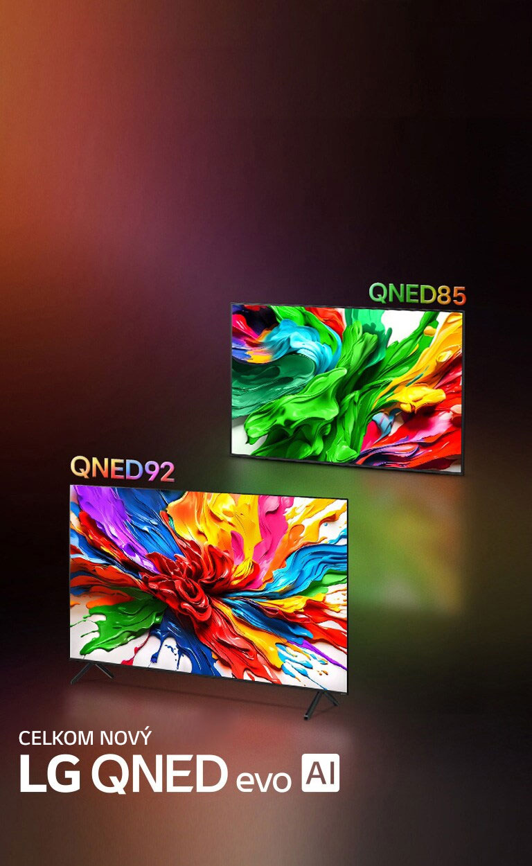Televízory LG QNED92 a LG QNED85 sú ved?a seba. Farebná predloha, ktorá zvyrazňuje novú technológiu na reprodukciu ?ivych a ?iarivych farieb televízorov LG QNED, je na ich obrazovkách. Je tie? prítomné úPLNE NOVé logo LG QNED evo AI.