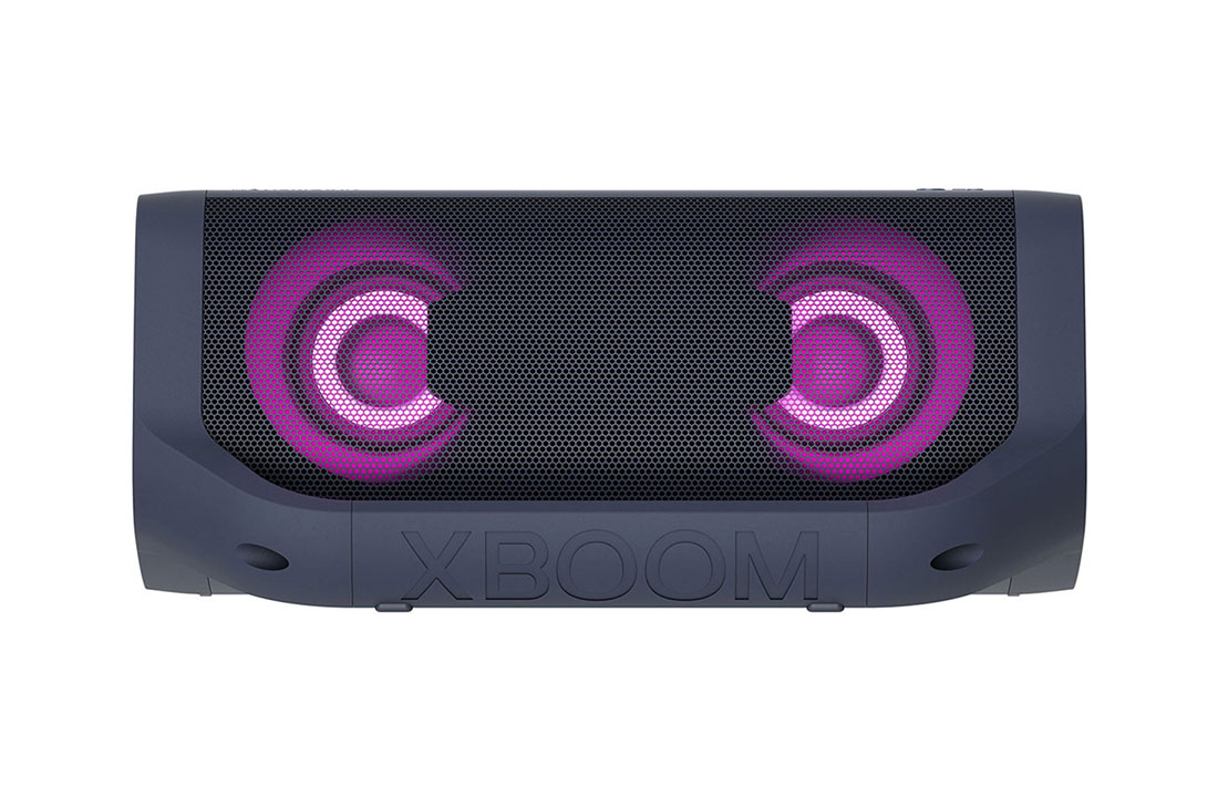 LG PN5 Audio systém, Poh?ad spredu na LG XBOOM Go s fialovym osvetlením, PN5