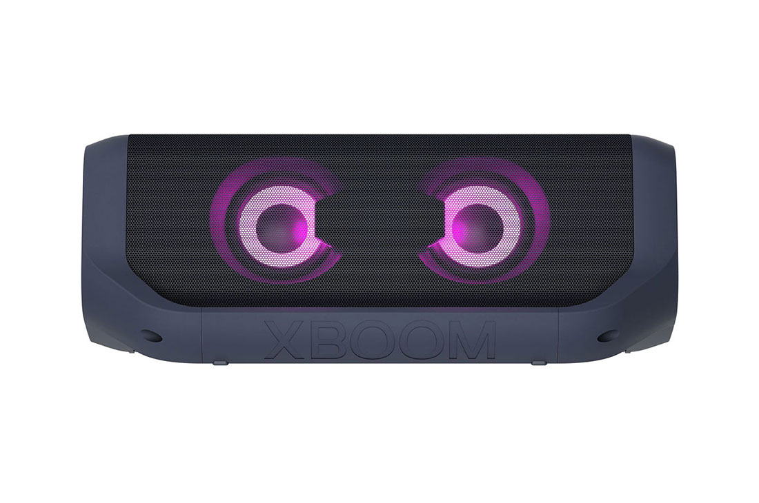 LG PN7 Audio systém, Poh?ad spredu na LG XBOOM Go s fialovym osvetlením, PN7