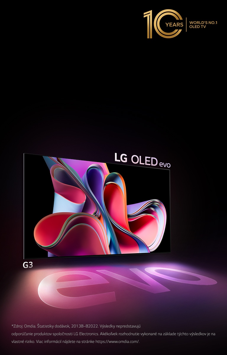 Na obrázku modelu LG OLED G3 na ?iernom pozadí sa nachádza jasná ru?ová a fialová abstraktná grafika. Displej vrhá pestrofarebny tieň, ktory vytvára slovo evo. V ?avom hornom rohu obrázka sa nachádza emblém 10 rokov svetová jednotka medzi televízormi OLED. 