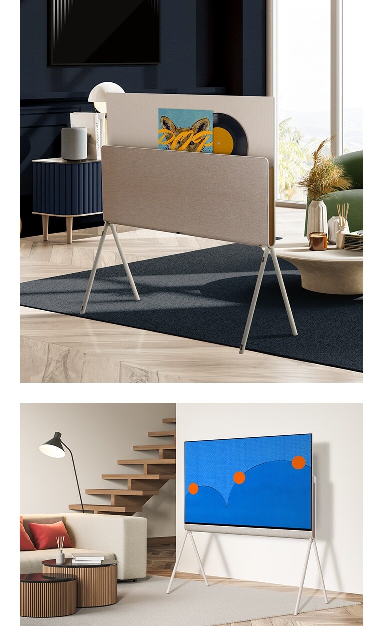Dva r?zne obytné priestory. V jednom z nich vidíme elegantnú zadnú stranu televízora LG OLED Objet Collection Posé. V druhom vidíme prednú stranu televízora s umeleckymi dielami na obrazovke.