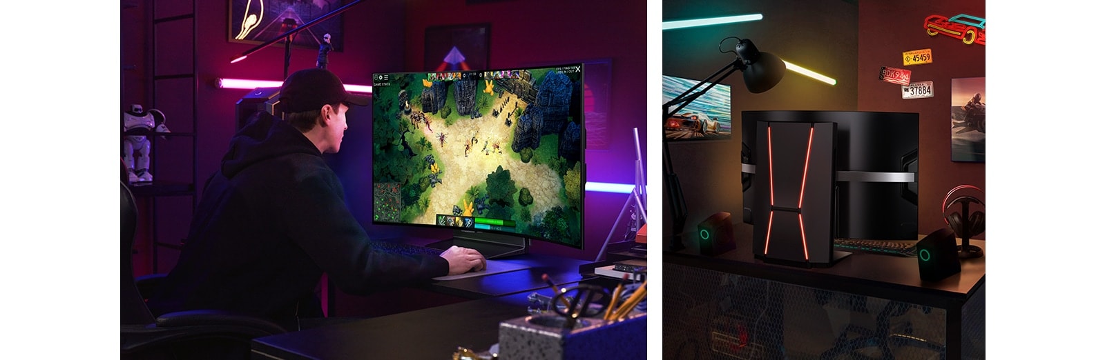 Dve r?zne herné zostavy s monitorom LG OLED Flex na po?íta?ovom stole. Na jednej vidíme hrá?a, ktory pou?íva televízor LG OLED Flex na hranie videohry. Na druhej zostave vidie? zadnú stranu televízora LG OLED Flex. Pri tomto uhle je zvyraznené zakrivenie displeja televízora.