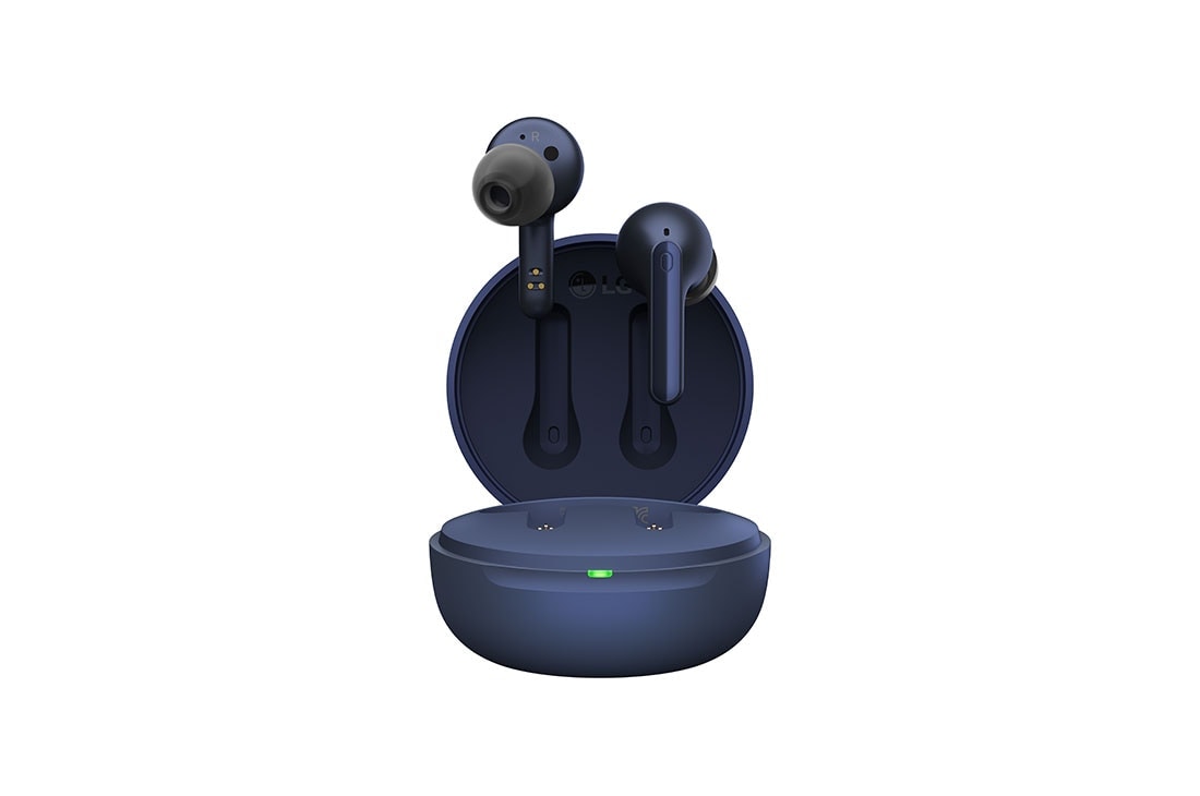 LG Bluetooth bezdr?tové slúchadlá | Meridian Audio | re?im Ambient sound | 2 mikrofóny na slúchadllách | vydr? batérie a? 22 hodín  , Poh?ad spredu na otvorené puzdro a vzná?ajúce sa slúchadlá., TONE-FP3