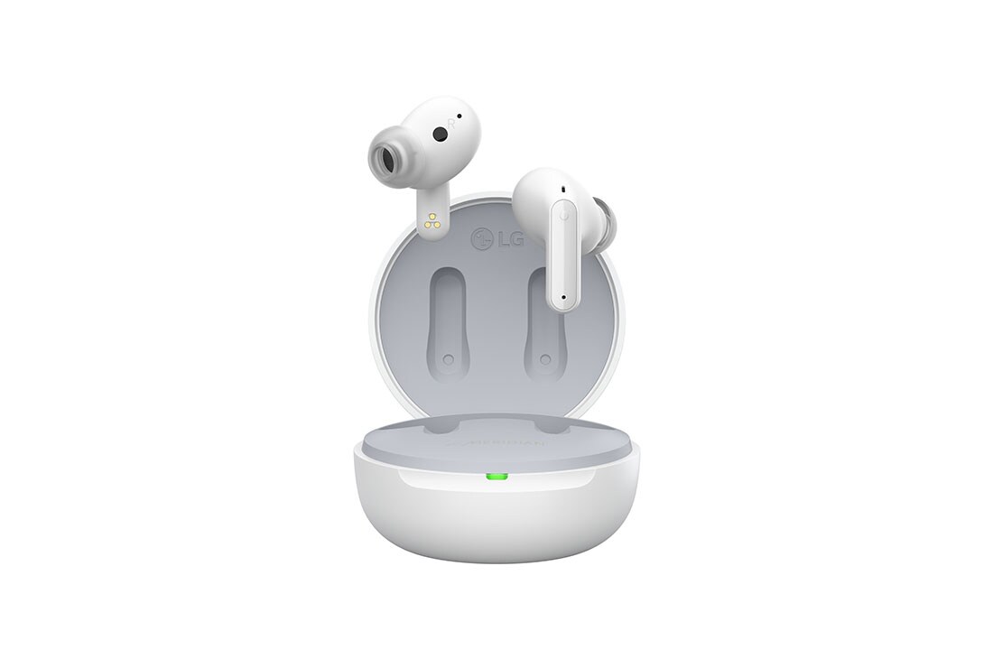 LG Bluetooth bezdr?tové slúchadlá | Meridian Audio | re?im Ambient sound | 3 mikrofóny na slúchadllách | vydr? batérie a? 22 hodín  , Obrázok slúchadiel, ktoré sa vzná?ajú nad zatvorenym puzdrom., TONE-FP5W