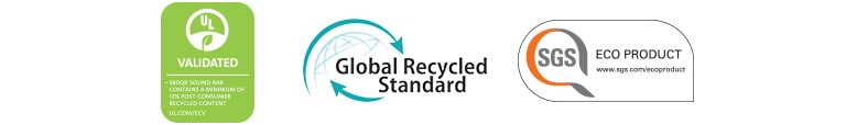 Z?ava sú zobrazené: UL VALIDATED (logo), Global Recycled Standard (logo), SGS ECO PRODUCT (logo)