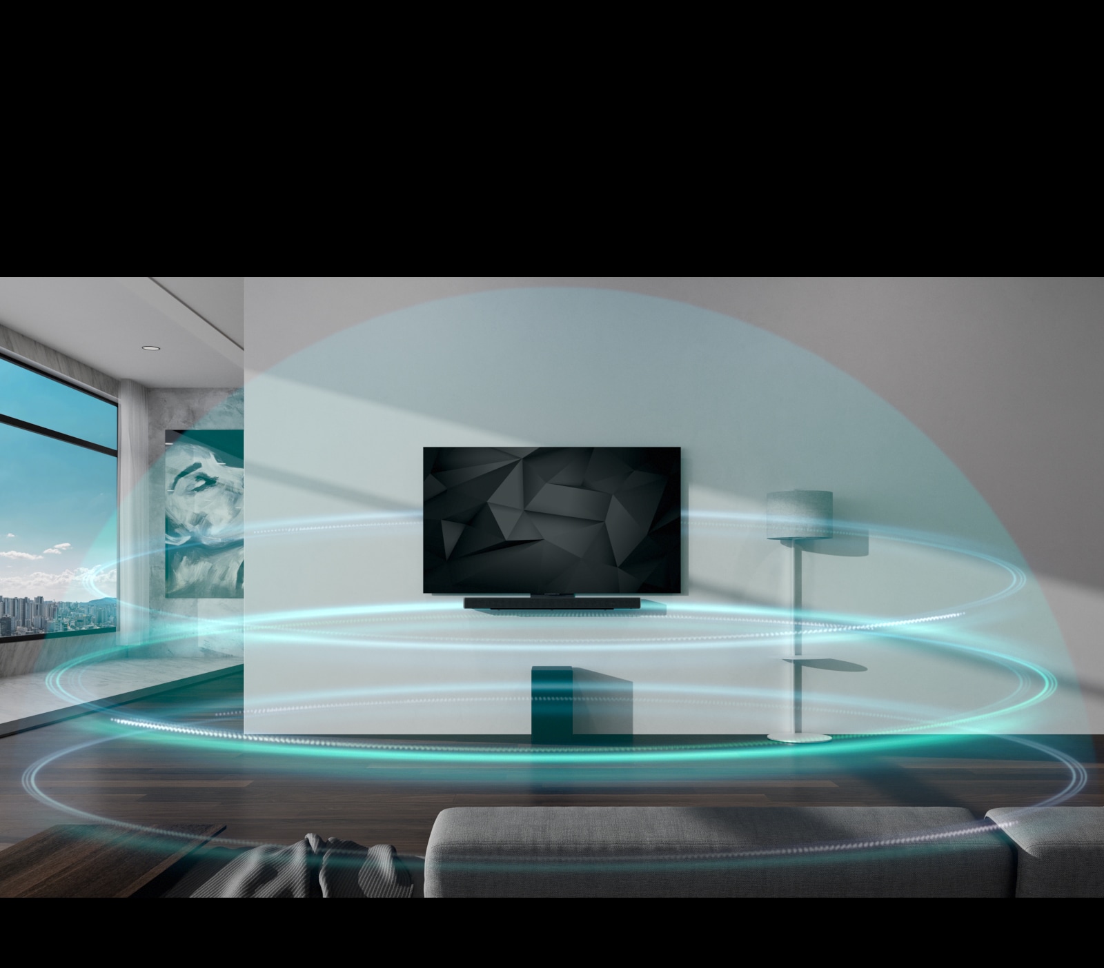 3-vrstvové modré zvukové vlny v tvare kupoly zakryvajú zvukovy panel a televízor zaveseny na stene v obyva?ke.