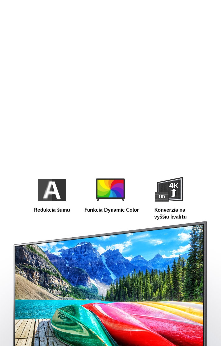 Ikony pre redukciu ?umu, funkciu Dynamic Color a konverziu na vy??iu kvalitu a TV obrazovka zobrazujúca scénickú fotografiu h?r, lesa a jazera.