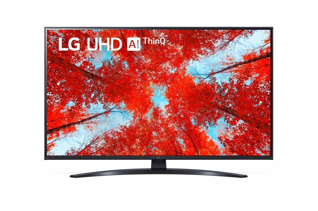 LG 43'' LG UHD TV, webOS Smart TV, Poh?ad spredu na televízor LG s rozlí?ením UHD s ilustra?nym obrázkom a logom produktu, 43UQ91003LA
