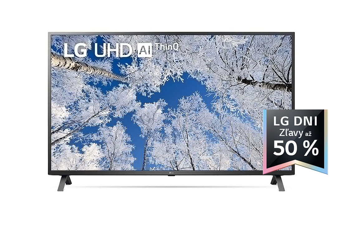LG 43'' LG UHD TV, webOS Smart TV, Poh?ad spredu na televízor LG s rozlí?ením UHD s ilustra?nym obrázkom a logom produktu, 43UQ70003LB