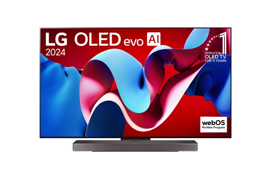 LG 83-palcovy LG OLED evo C4 4K Smart TV OLED83C4, Poh?ad spredu s televízorom LG OLED evo, OLED C4, logom 11 rokov svetovej jednotky OLED Emblem a logom webOS Re:New Program na obrazovke, ako aj so zvukovym panelom pod televízorom, OLED83C43LA