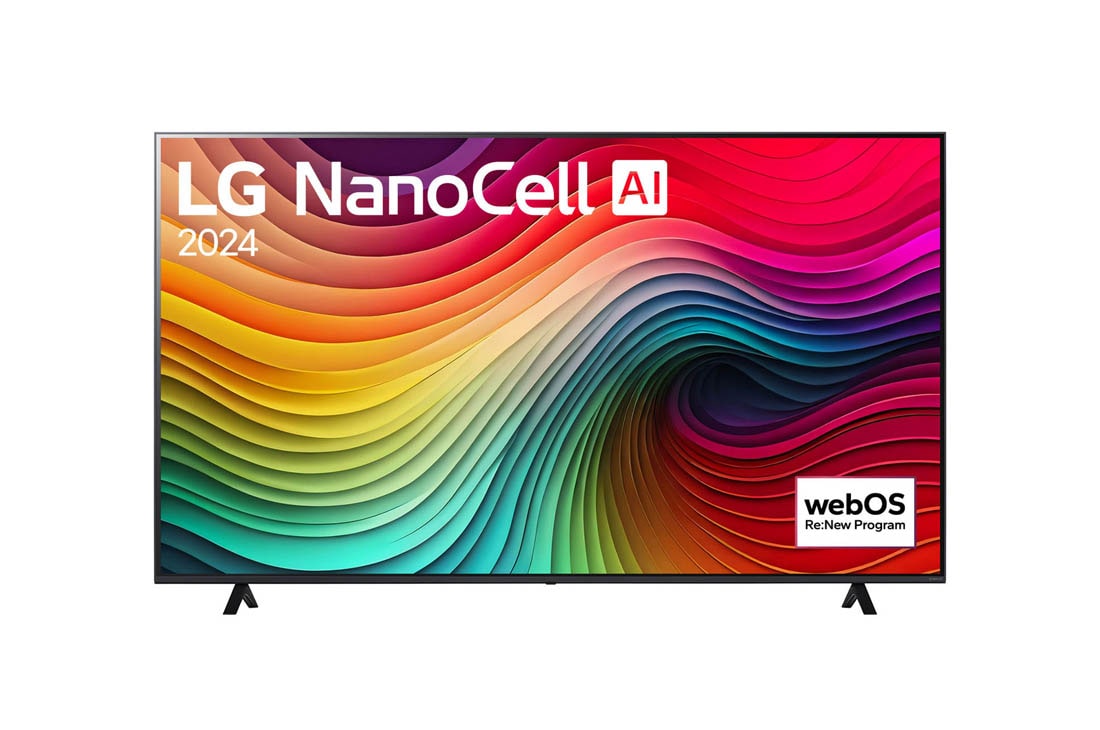 LG 75-palcovy LG NanoCell AI NANO82 4K Smart TV 2024, Poh?ad spredu na LG NanoCell AI TV, NANO82 s textom LG NanoCell AI, 2024 a logom webOS Re:New Program na obrazovke, 75NANO82T6B