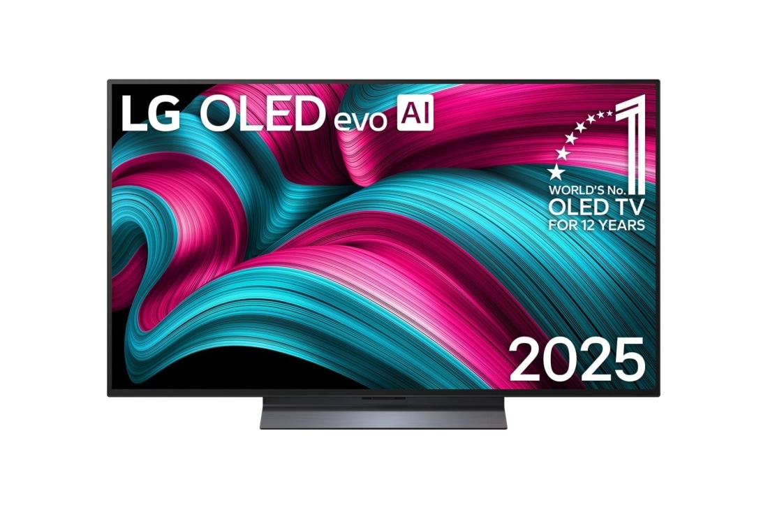 LG 48-palcovy televízor LG OLED evo AI C5 4K Smart TV 2025, Poh?ad spredu na LG OLED evo AI C5 4K Smart TV. Na obrazovke sa  zobrazuje emblém  12 rokov svetovej jednotky v OLED a logo LG OLED evo AI 2025., OLED48C54LA