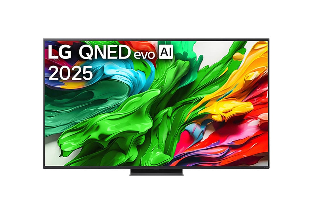 LG 65 -palcovy LG QNED evo AI QNED85 4K Smart TV 2025, Poh?ad spredu na LG QNED evo QNED92 TV, logo LG QNED evo AI v hornom rohu. Na televízore LG QNED evo QNED92 TV sa zobrazujú farebné textúry pripomínajúce ma?bu, ktoré sa spájajú., 65QNED86A6A