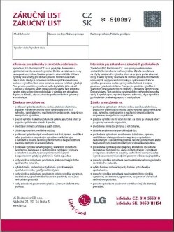 Vzor záru?ného listu LG CZ/SK