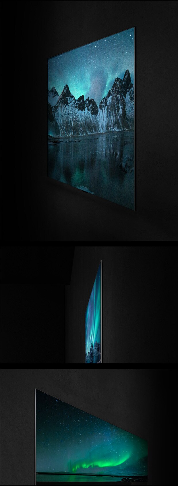 OLED televízor LG osadeny na stene je zobrazeny z viacerych uhlov zd?razňujúcich dizajn Gallery a plochy zadny panel
