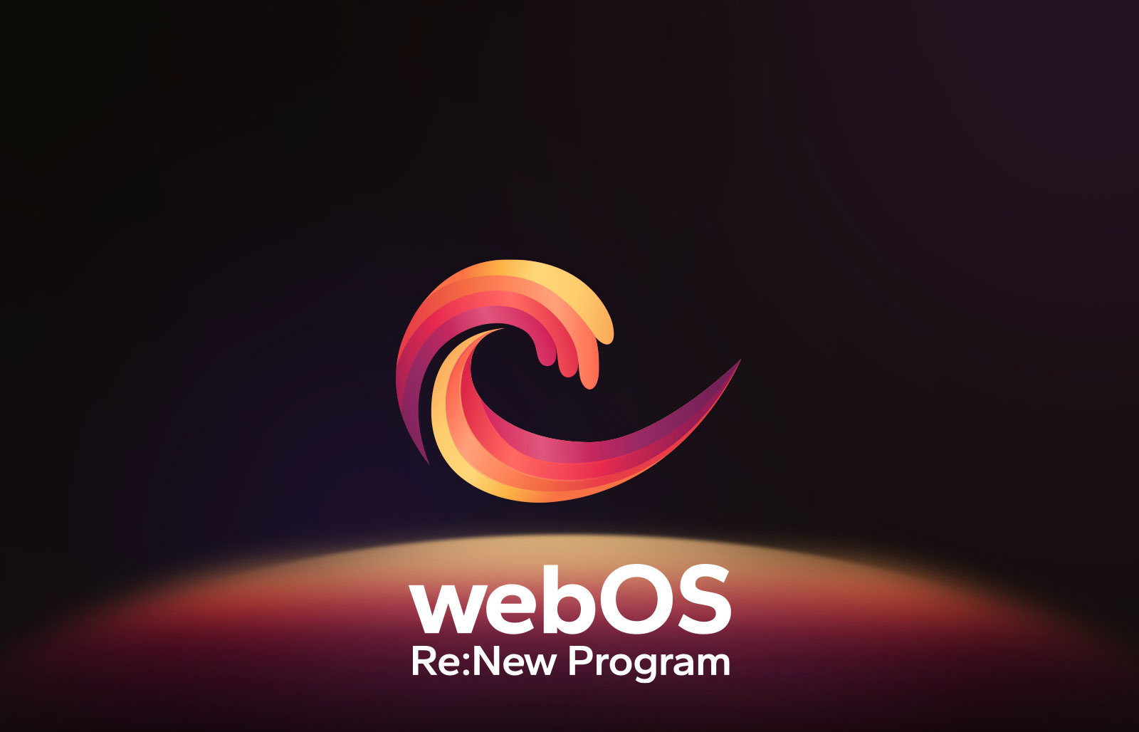 Le logo webOS plane au centre sur un fond noir, et l’espace en dessous est éclairé par les couleurs du logo, à savoir le rouge, l’orange et le jaune. La mention ? Programme webOS Re:New ? figure sous le logo.