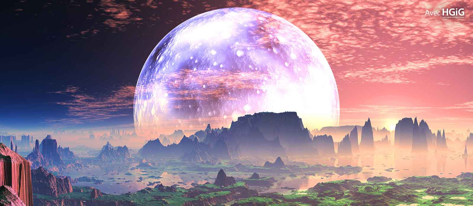 Une scène d’une aube sur une planète ressemblant à la Terre idyllique est divisée en deux parties - à gauche, l’image est plus terne et moins brillante et le texte indique Sans HGiG dans le coin supérieur gauche. à droite se trouve une scène plus lumineuse et le texte indique Avec HGiG dans le coin supérieur droit.